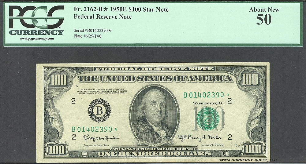 Fr.2162-B*, 1950E $100 FRN Star Note, AU, PCGS-50, B01402390*